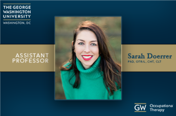 Sarah Doerrer Headshot with text, Assistant Professor, on a blue background and buff gold center horizontal strip.